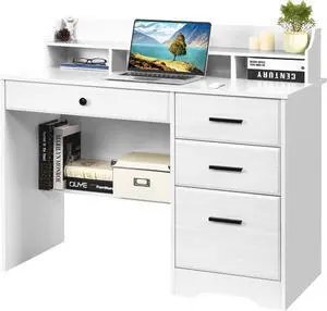 White Desk with 4 Drawers, Computer Desk with Drawers and Hutch&Shelf, Wood Writing Home Office Workstation, Student Desks for Bedrooms