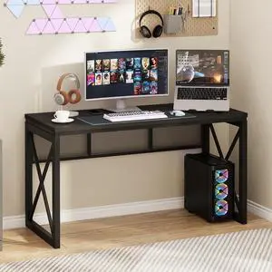 BON AUGURE Farmhouse Computer Desk, Modern Industrial Home Office Desk, Wood Metal Study Writing Table, Sturdy Gaming Desk (Black, 54 Inch)