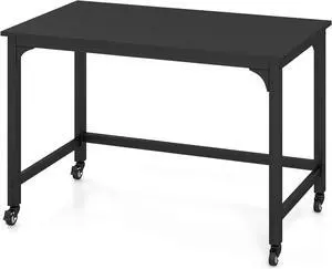 COSTWAY 48 Mobile Computer Desk, Home Office Desk on Wheels, Simple Study Writing Table with 4 Lockable Wheels, Metal Frame, Rolling Laptop PC Table for Small Space (Black)