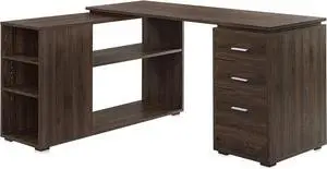 BELLEZE L Shaped Computer Desk, 60 Study Writing Table Home Office Desk Morden Corner Workstation Setup with Adjustable Storage Shelves and 3 Drawers, Dark Walnut