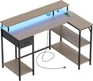 Homall L Shaped Gaming Desk with LED Lights & Power Outlets, Reversible Computer Desk with Shelves & Drawer, 47 Corner Desk Table with Monitor Stand, Home Office Study Writing Table (Grey)