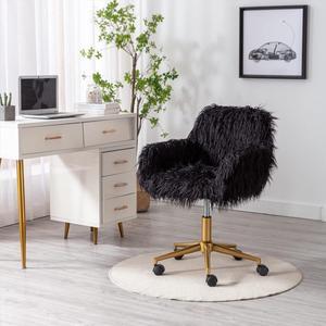 HomVent Fluffy Desk Chair Pink Faux Fur Vanity Chair Adjustable Swivel Computer Chair on Wheels Height Adjustable Cute Desk Chair for Makeup Room Teen Girls Bedroom Home Office (Black 2 A)