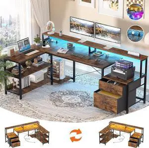 Aheaplus L Shaped Desk with Power Outlet, Reversible L Shaped Computer Desk with File Drawer & Monitor Stand, Gaming Desk with LED Strip, Home Office Desk Corner Desk with Storage Shelf, Rustic Brown