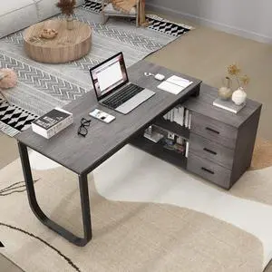Homsee Home Office Computer Desk Corner Desk with 3 Drawers and 2 Shelves, 55 Inch Large L-Shaped Study Writing Table with Storage Cabinet - Dark Gray & Black Homsee Home Office Computer Desk Corner Desk with 3 Drawers and 2 Shelves, 55 Inch Large L-Shaped Study Writing Table with Storage Cabinet - Dark Gray & Black