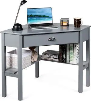 Nightcore Small, Wood Computer Desk, Compact Writing w/Drawer & Storage Shelves, Space Saving Study Workstation, Laptop PC Corner Table, Grey