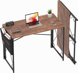VECELO Folding Desk with Storage Bag 39 Inch Writing Desk Home Office Sturdy Steel Laptop Table for Home Office Work Rustic Brown