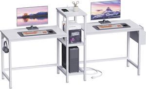 Furologee Double Desk with Power Outlets, 71 Inch Computer Desk with Storage Bag and Headphone Hooks, Gaming Desk Study Writing Table for Home Office, White