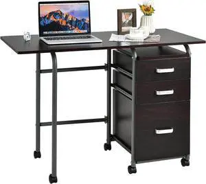 Tangkula Folding Computer Desk with 3 Storage Drawers, Mobile Home Office Desk Study Writing Desk with Smooth Wheels, Space Saving Compact Desk for Dorm Apartment, Rolling Folding Desk Table