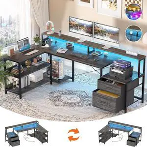 Aheaplus L Shaped Desk with Power Outlet, Reversible L Shaped Computer Desk with File Drawer & Monitor Stand, Gaming Desk with LED Strip, Home Office Desk Corner Desk with Storage Shelf, Grey Oak