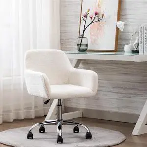 Modern Faux Fur Home Office Chair, Upholstered Elegant Makeup Vanity Chair for Teen Girls Swivel Desk Chair, Height Adjustable Leisure Elegant Chair, White