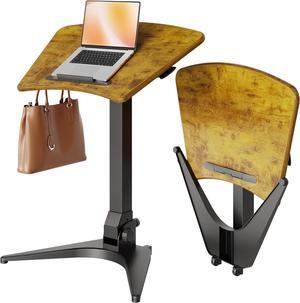 Mobile Standing Desk, Portable Rolling Standing Desk with Wheels, Pneumatic Height Adjustable Sit-Stand Desk with 90° Tiltable, Foldable Desk with Non-Slip Computer Stand, Rustic Brown