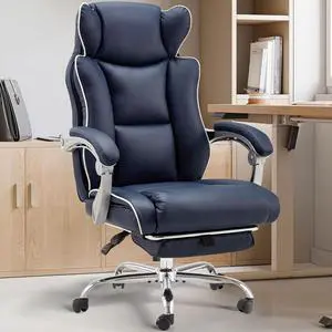 Office Desk Chair with Foot Rest High Back Executive Office Chair for Heavy People PU Leather Computer Chair with Adjustable Backrest Reclining Office Chair with Lumbar Support, Blue