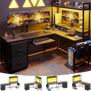 L Shaped Gaming Desk with Keyboard Tray, Reversible Computer Desk with Power Outlet, Corner Home Office Desks, Mobile File Cabinet Storage Shelves Monitor Stand Drawers (Grey, 67in)