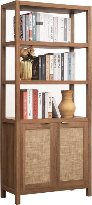 SICOTAS Bookshelf 5 Tier Rattan Boho Tall Bookcase with Doors Storage Wood Shelves Large Farmhouse Bookcases Library Book Case for Living Room Bedroom Home Office Kitchen (Oak)