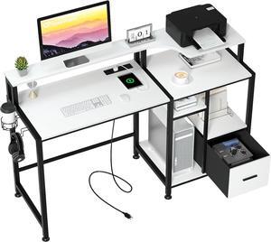 GreenForest Computer Desk with Drawers, Home Office Desk with Printer Shelf, 55 inches White Desk with Storage, Writing Study Desk with Monitor Stand, Small Work Desk for Bedroom, White