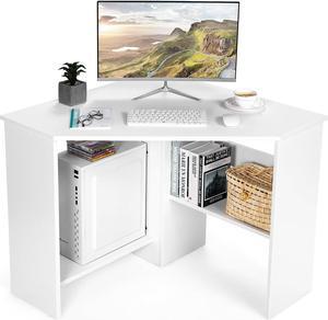 COSTWAY Corner Computer Desk, Space-Saving Triangular Writing Desk w/ 2 Storage Shelves & 2 Cable Holes, Multi-Functional Console Table for Small Space in Home Office, Living Room, Bedroom (White)