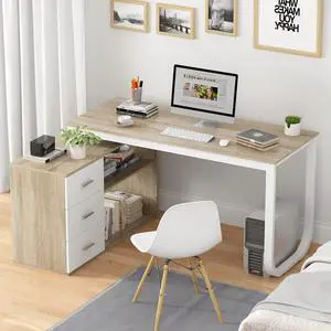 Homsee Home Office Computer Desk Corner Desk with 3 Drawers and 2 Shelves, 55 Inch Large L-Shaped Study Writing Table with Storage Cabinet - Walnut and White Homsee Home Office Computer Desk Corner Desk with 3 Drawers and 2 Shelves, 55 Inch Large L-Shaped Study Writing Table with Storage Cabinet - Walnut and White