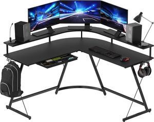 SHW L Shaped Gaming Desk with Full Around Monitor Stand and Drawer, Black