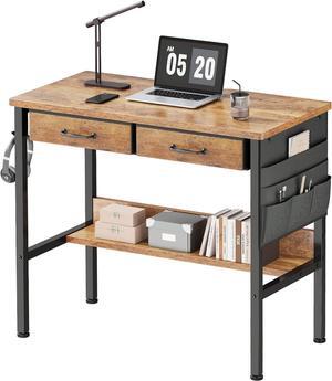 Small Desk with Drawers for Bedroom, Small Vanity Desk Without Mirror, 31.5inch, Writing Desk with Bookshelf, Computer Desk with Storage Drawers, Vanity Table no Mirror Rustic Brown