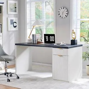 JXQTLINGMU 60" Modern Executive Desk with Storage, Wood Home Office Desk with Drawer & Cabinet, Fluted Computer Writing Desk for Study, Living Room, Bedroom, Antique White