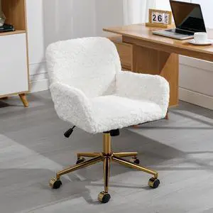 Goujxcy Faux Fur Home Office Chair, Upholstered Elegant Makeup Vanity Chair for Teen Girls White Faux Fur Swivel Desk Chair, Height Adjustable White Leisure Elegant Desk Chair for Bedroom Home Office