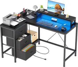 L Shaped Desk with Power Outlets & LED Lights, Computer Desk with Drawers & Shelves, Corner Desk Gaming Desk Home Office Desk, Black
