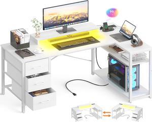 Aheaplus 53 Inch Gaming Desk with Power Outlets & LED Lights, Reversible L Shaped Computer Desk with 3 Drawers & Monitor Stand, Home Office Desk Corner Gamer Desk with Storage Shelves, White