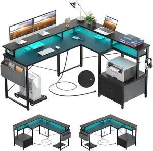 L Shaped Desk with Power Outlet and LED Strip, Reversible L Shaped Computer Desk with File Drawer, Corner Desk for Gaming Writing, Home Office Desk with Monitor Shelf, Black