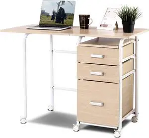 Tangkula Folding Computer Desk with 3 Drawers, Mobile Home Office Desk, Portable Laptop Desk Writing Table, Space Saving Compact Desk for Small Spaces, Dorm, Apartment