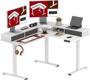 SANODESK 55" L Shaped Standing Desk with 3 Drawers, Height Adjustable Stand up Desk, Corner Gaming Desk with Monitor Stand, White Frame/White Top