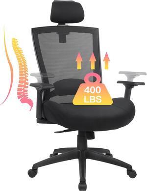 Ergonomic Office Chair for Big and Tall People, 400lb Computer Desk Chair with Adjustable 2D Headrest, Lumbar Support &2D Armrests, 5 Inch Thick Foam Cushion Seat, Mesh Rolling Chair for Work & Gaming