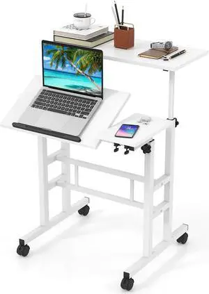 Tangkula Mobile Standing Desk Stand Up Desk, Height Adjustable Home Office Desk with Standing & Seating 2 Modes, Tilting Tabletop & Flexible Wheels, Rolling Laptop Cart Sit Stand Desk (White)
