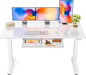 Marsail Glass Electric Standing Desk with Drawer, 55 x 28 Inches Height-Adjustable Desk, One-Piece Tempered Glass Top, Ergonomic Home Office Sit Stand Desk with 4 Preset Heights, White