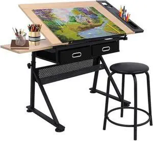 Drafting Table Drawing Desk Art&Craft Work Station Height Adjustable Tilting Tabletop Craft Table Desk w/Stool and 2 Storage Drawers for Home Office Study Room, Natural