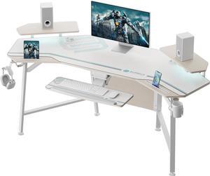 EUREKA ERGONOMIC 72" Computer Desk W Keyboard Tray, Wing-Shaped Music Studio Desk, Large Gaming Desk W LED Convertible Monitor Stand Dual Headphone Hanger for Recording Live Streamer,Maple
