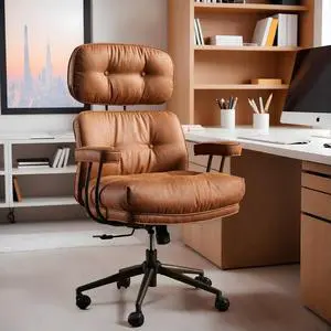 High Back Executive Office Chair with Comfortable Deep Seat,Brown Mid Century Modern Office Chair,Ergonomic Big and Tall Computer Desk Chair with Lumbar Support(Light Brown Suede)