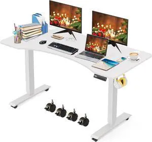 Electric Standing Ergonomic Desk 55 x 24 Inches Adjustable Height Sit Stand Up Desk for Home Office Computer Gaming with Memory Preset, Headphone Hook, Wheels (White Frame & White Top)