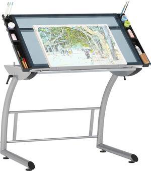 SD Studio Designs Triflex Drawing Table, Sit to Stand Up Adjustable Office Home Computer Desk, 35.25" W X 23.5" D, Silver/Blue Glass