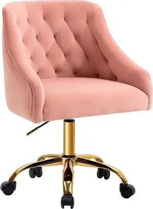 MOJAY Velvet Office Swivel Chair, Vanity Chair, Fabric Desk Chair, Pretty Fancy Chair, Gold Office Chair for Girls, 360°Swivel Height Adjustable Reception Chair (Pink)