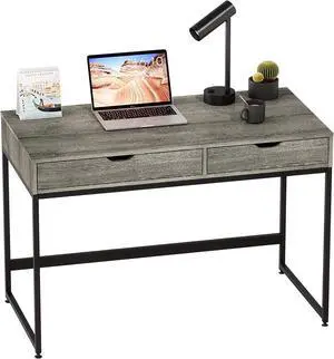 Bestier Rectangular Two Drawer Writing Computer Desk, Modern Engineered Wood Design, Stainless Steel Leg Frames, Modern Industrial Design, Gray