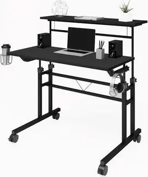 Techni Mobili Rolling Standing Desk, Two-Tier Height Adjustable Mobile Office or Gaming Desk with Wheels and Cup Holder, for Sitting or Standing Setups Black