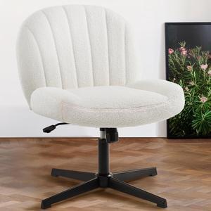 Armless Office Desk Chair, Cross Legged Chair No Wheels, Height Adjustable Wide Seat, Mid Back Ergonomic, Fabric Padded Task Vanity Chair for Office,Home,Bedroom (White)