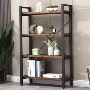 Solid Wood Bookshelf,4 Tier Rustic Vintage Industrial Etagere Bookcase, Open Metal and Wood Vintage Book Shelf, Retro Brown (Real Wood)(4-Tier)