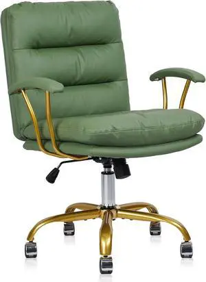 Green and Gold Desk Chair Leather Home Office Chair with Padded Seat and Arms, Swivel Adjustable Height Computer Chair with Wheels for Living Room Girls Women Study Vanity