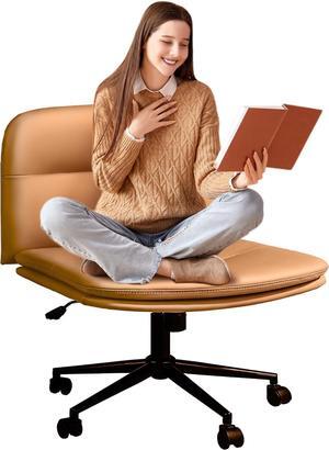 Criss Cross Chair with Wheels, Armless Wide Vanity Chair with Back, Cross Legged Office Chair, Desk Chair Comfy Wide Seat, PU Leather Swivel Accent Chair for Home Office(Brown)
