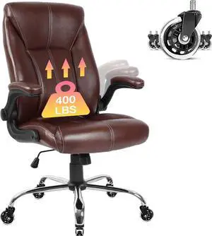 Big and Tall Office Chair for Heavy People 400lb, Executive Desk Computer Chair Adjustable Flip-up Armrests, PU Leather Swivel Task Chair with Ergonomic High Back and Lumbar Support
