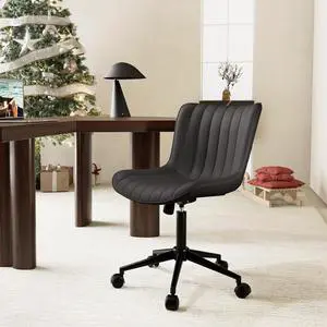 YOUNIKE Black Ergonomic Home Office Desk Chair with Wheels Comfy Armless Criss Cross Chair with Back Modern Leather Upholstered Swivel Vanity Chair Adjustable Small Cute Rolling Task Chair No Arms