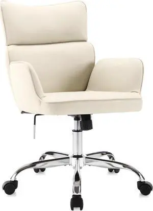 Home Office Chair with Wheels, Adjustable Height Swivel Mid-Back Armchair Task Chair, Modern PU Leather Ergonomic Tilt Computer Desk Vanity Chair for Office, Study Room(PU Beige)