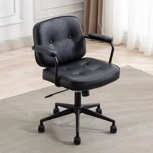 HEAH-YO Modern Armless Desk Chairs Set of 1, Swivel Computer Task Chair with Wheels and Armrests, PU Leather Adjustable Office Chair with Backrest for Home Base, Black