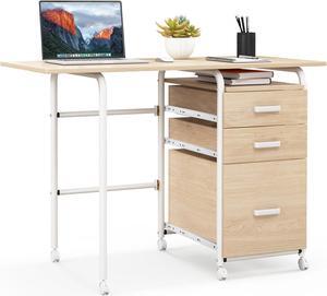 Giantex Folding Desk for Small Space, Rolling Home Office Desk with 3 Drawers & Lockable Universal Wheels, Mobile Study Writing Desk for Dorm Apartment Bedroom (Natural)